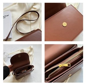 Detailed views of caramel PU leather bag showing magnetic closure and interior pockets