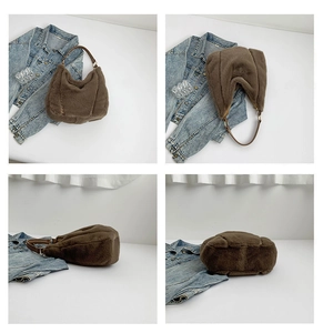 Detailed views of a plush brown shoulder bag with leather handles and gold metal rings