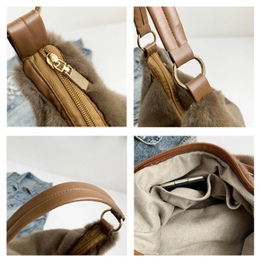 Detailed close-up of brown plush tote showing gold zippers, strap buckles, and inner pockets
