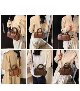 Multiple views showing the dark brown Boston bag styled as a tote and crossbody bag