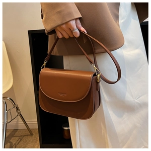Korean minimalist brown PU leather shoulder bag for women stylish versatile small square bag chic