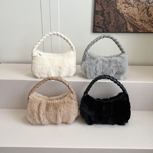 Faux fur handbag with braided handle in four colors for women's winter fashion style