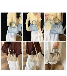 Collage of retro handbag in blue denim and apricot faux leather textures on a model