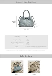 Detailed size specifications of the PU leather handbag showing width, height and depth