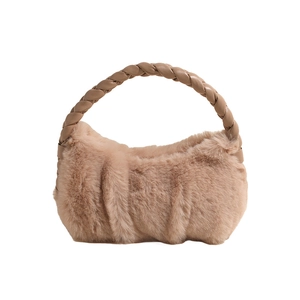 Chic light brown faux fur handbag with stylish braided handle for winter season