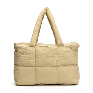 Chic quilted puffer tote bag in beige waterproof nylon with wide padded shoulder straps