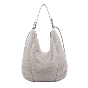 Light gray plush hobo handbag with soft faux fur and gold zipper hardware for women