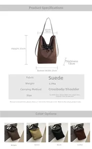 Detailed size specifications for large suede tote bag with daily commute dimensions