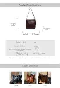 Detailed size specifications and material chart for the vintage PU leather tote bag