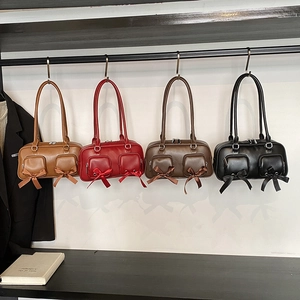 Retro Boston tote bags with silk bows and zip pockets in brown, red, coffee, and black
