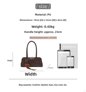 Detailed spec sheet showing a coffee PU baguette bag with a bear charm and dimensions