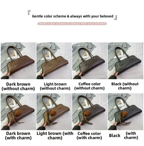 Detailed grid view of stylish baguette bags in dark brown, tan and black with bear charms