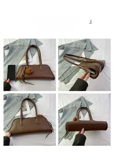 Brown leather baguette bag shown from multiple angles with scarf and teddy charm detail