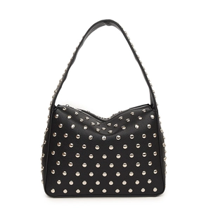 Retro black faux leather hobo bag with silver metal rivets and punk rock shoulder strap
