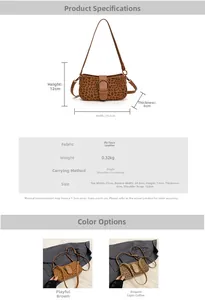 Size chart showing leopard print bucket bag dimensions and PU matte material details
