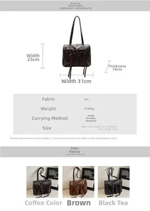 Detailed size chart and specifications for vintage pleated PU shoulder tote bag