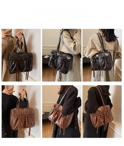 Multiple views of tote bag with vertical pleats and long tassel bow detail