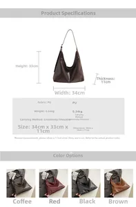 Detailed size chart and specifications for large PU leather tote bag in four colors