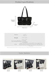 Size chart for glossy quilted tote bags showing dimensions and weight for large and small sizes