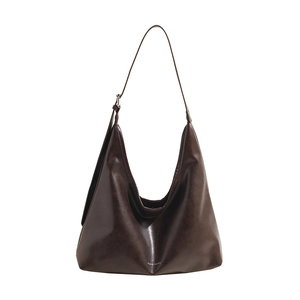 2024 Winter vintage dark brown leather hobo shoulder bag with large capacity and logo