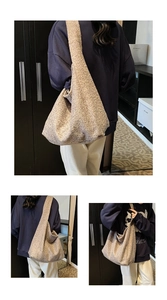 Detailed views of a large beige textured fabric tote bag shown from multiple angles