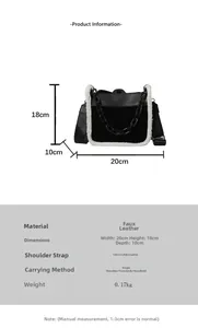 Detail view of plush fleece bag with size dimensions 18x20x10cm and black chain