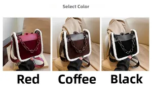 Plush lamb wool trim crossbody bags in red, coffee, and black with chain detail