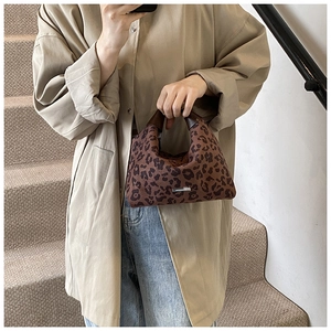 Detail einer Crossbody-Tasche mit Leopardenmuster und Silberbeschlag an einem Modell