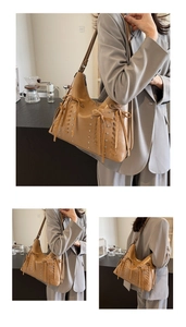 Dettaglio della borsa hobo in pelle cammello con rivetti in metallo e fiocco decorativo