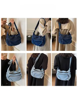 Collage of multi-pocket denim messenger bags in dark and light blue on a model