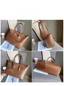 Brown leather tote bag details showing front, back, side and bottom views on a sofa