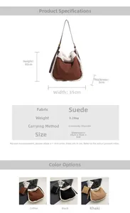 Detailed size specifications for bohemian suede tote bag with plush faux fur trim