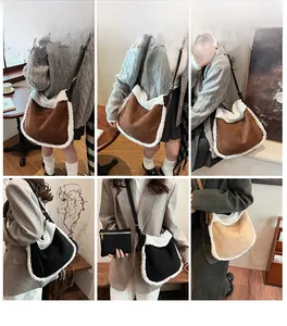Detailed views of hobo bag with fuzzy faux fur trim and matching zipper pouch