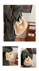 Detail of faux suede shoulder bag with soft plush trim and slim leather straps