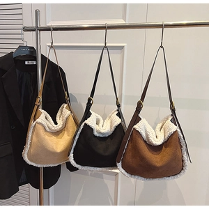 Chic autumn suede tote bags with white faux fur trim in khaki, black, and brown
