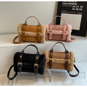 Detail of four fluffy plush crossbody bags with faux fur trim and gold buckles