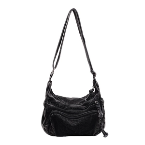 Vintage black washed denim messenger bag with triple front zippers and slim shoulder strap