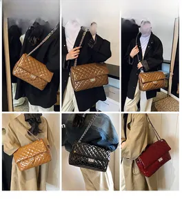 Collage of quilted chain crossbody bags in dark brown, black, and wine red leather