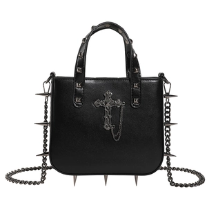 Gothic punk black leather handbag with metallic cross pendant and decorative studs