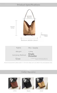Detailed size specifications and material chart for the vintage suede patchwork bucket bag
