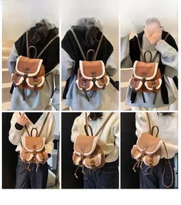 Brown suede mini backpack with faux shearling trim shown in various wearing angles