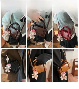 Boston style mini crossbody bag in shiny PU leather with cute plush bear charm