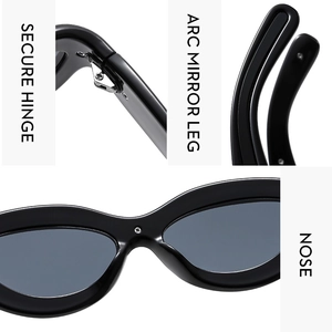 Vue détaillée des lunettes œil de chat montrant charnières robustes et branches