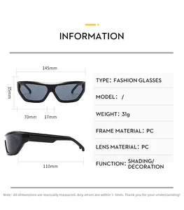 Tableau des tailles détaillé pour lunettes de soleil Y2K avec dimensions et monture en PC