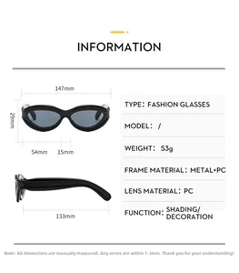 Guide des tailles indiquant les mesures des lunettes de soleil œil de chat rétro en métal