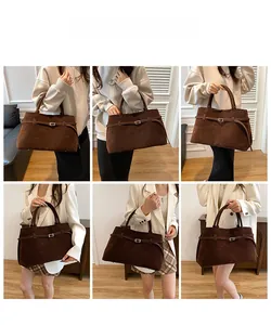 Detailed views of the large brown suede tote bag with decorative belts on a model