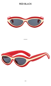 Vues détaillées de face et de côté de lunettes de soleil vagues rouge noir avec dorure