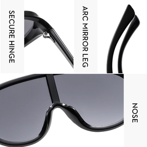 Détails de lunettes de soleil oversize montrant les charnières et plaquettes