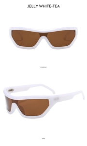 Détail de lunettes de soleil de sport blanches avec verres marrons, vues de face et de profil