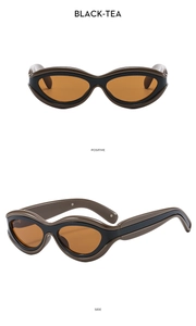 Vue détaillée de face et de profil de lunettes de soleil œil-de-chat bicolores noir et thé